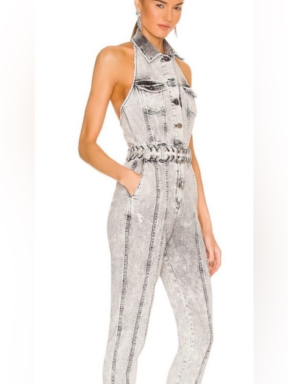Retrofete Acid-Wash Denim Halter Jumpsuit in Light Gray